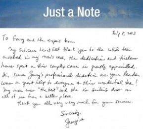 A hand written thank you note from a New Jersey personal injury victim represented by Davis, Saperstein & Salomon, P.C.