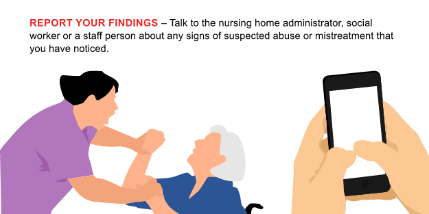 Report your findings – Talk to the nursing home administrator, social worker or a staff person about any signs of suspected abuse or mistreatment that you have noticed.