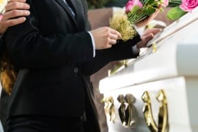 A funeral and a casket of a New Jersey wrongful death victim