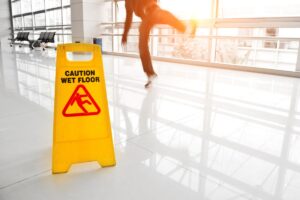 Warning - wet floor sign and a person slipping and falling in the background